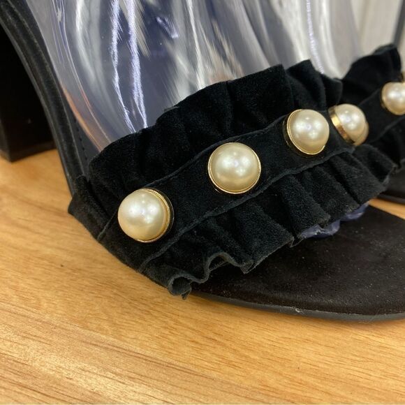 Marc Fisher King Pearl Ruffle Block Heel Suede Sandal Black 8.5 - Picture 9 of 13